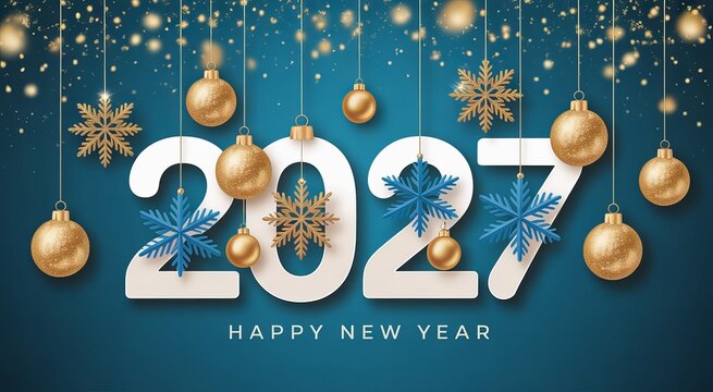 Happy New Year 2027 with ornaments and snowflakes image
