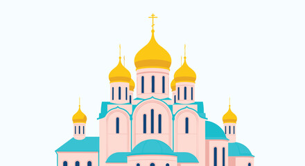 Fototapeta premium Beautiful Russian Orthodox church with golden domes and pink walls set against a plain light blue sky background.