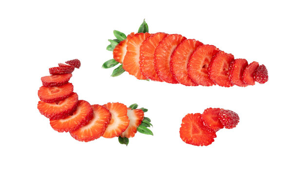 Strawberry pieces isolated, red berry cut set, fresh strawberries slices, summer food ingredient