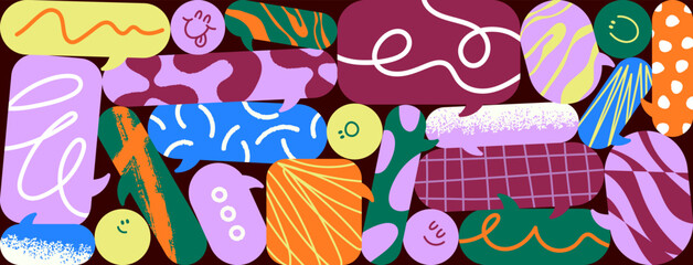 Abstract speech bubbles group, background. Speechbubbles chaos, many messages, thoughts and ideas mess with scribble patterns. Communication, multiple chat concept. Colored flat vector illustration