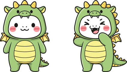 Obraz premium Cute cartoon cat wearing green dinosaur costume set with different poses and expressions in kawaii style vector illustration isolated background
