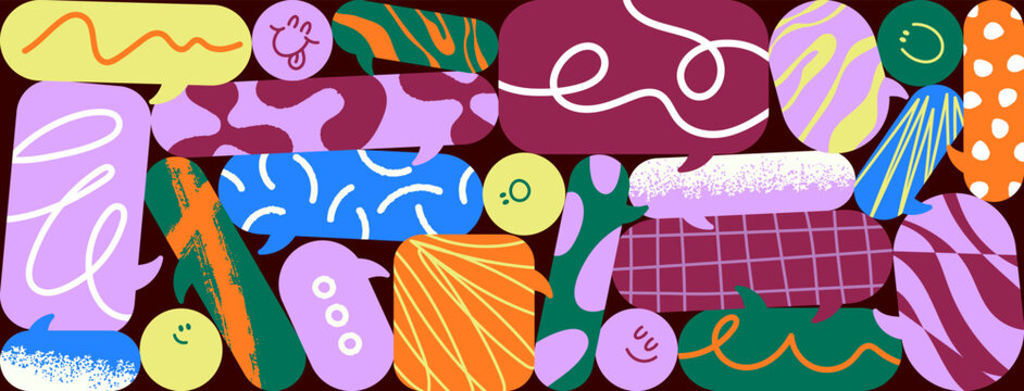 Abstract speech bubbles group, background. Speechbubbles chaos, many messages, thoughts and ideas mess with scribble patterns. Communication, multiple chat concept. Colored flat vector illustration