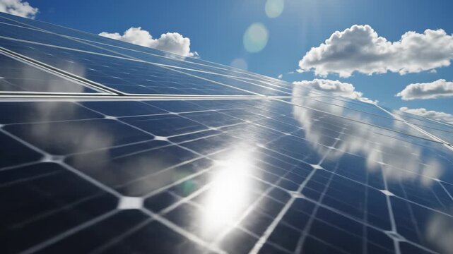 Solar panels under blue sky ideal for sleek commercial backgrounds and title sequences