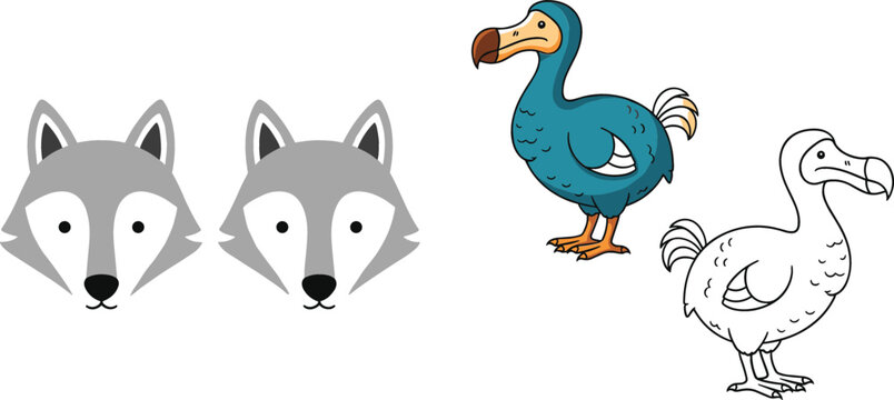 Minimalist vector illustration set featuring wolf heads and dodo birds in flat cartoon and line art styles isolated on neutral background