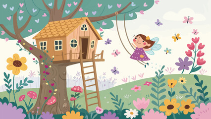 Obraz premium Cute fairy playing on a swing near a treehouse in a magical garden with colorful flowers and butterflies, whimsical fantasy illustration for children
