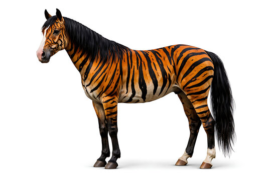 Unique hybrid animal with a horse body and orange tiger stripes on white
