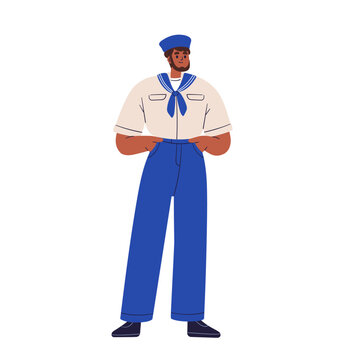 Boatswain, sea ship crew. Sailing worker, bosun in navy uniform, cap and collar. Man, nautical maritime staff, sailor, seaman standing. Flat vector illustration isolated on white background