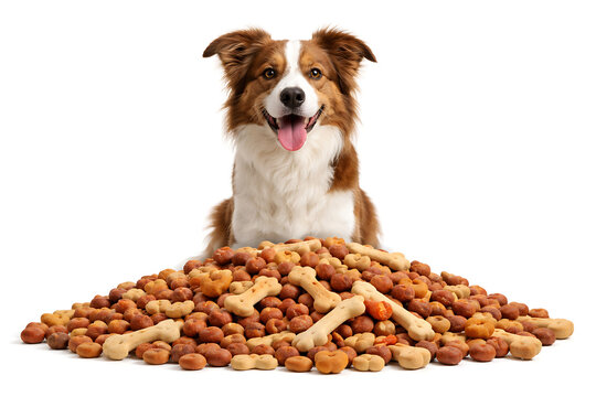Happy border collie dog sitting behind a large pile of dry pet food and bone treats