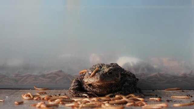Closeup view of Common toad (Bufo bufo) eating mealworms and bugs.
