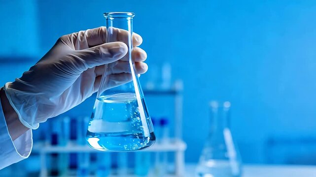 Hand holding flask with liquid in lab