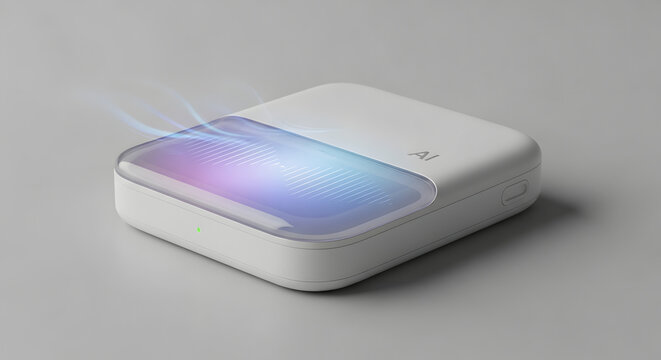 Modern white AI smart home device with glowing glass interface and digital vapor effect, futuristic technology hardware gadget for data processing and cloud computing, minimalist intelligent hub conso