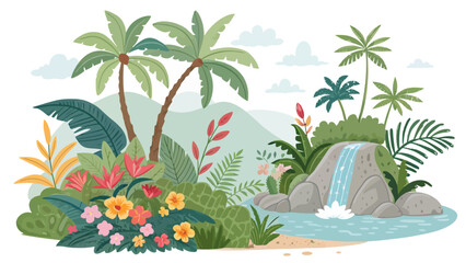 Obraz premium Tropical jungle landscape with palm trees, exotic flowers, and a small waterfall flowing into a pond, flat vector illustration