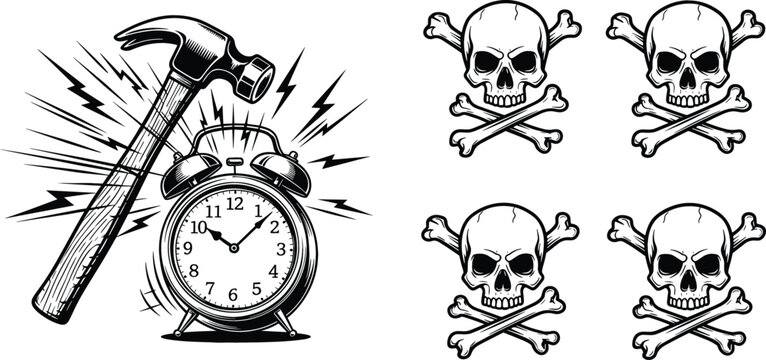 Vintage alarm clock with hammer and skull crossbones set, danger and warning symbols collection, retro engraving vector illustration