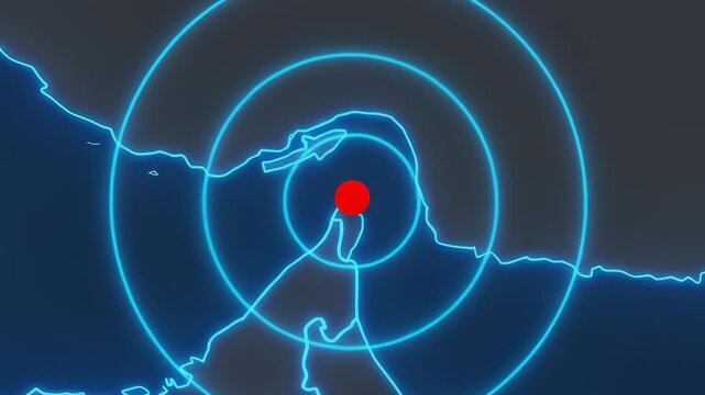 Animated neon map of the Strait of Hormuz with a red location marker and glowing radar signal waves