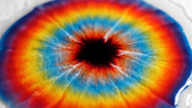 Vibrant tie-dye design with colorful concentric circles.