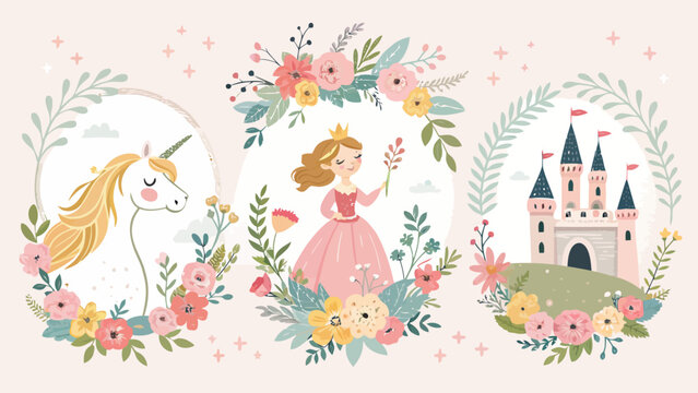 Set of cute fairy tale illustrations with a unicorn, a princess, and a castle, decorated with beautiful floral wreaths and bouquets in a whimsical style