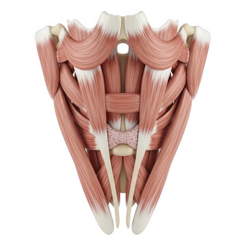 Anatomical of the human neck muscles, showing the deep muscular structure of the throat and larynx against a black background