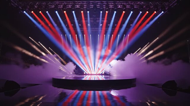 Stage with colorful lights and smoke emphasizing modern aesthetics and minimalist design