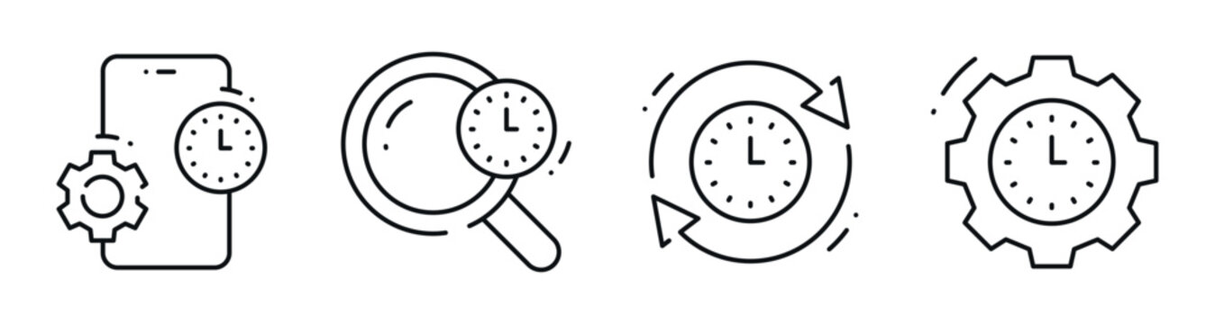 Clock icons showing synchronization and search interface. Editable stroke