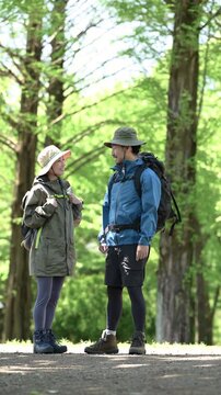 新緑の春の森の中で話す、夫婦のアウトドア、登山やトレッキングなどの運動イメージ全身の笑顔の縦動画	
