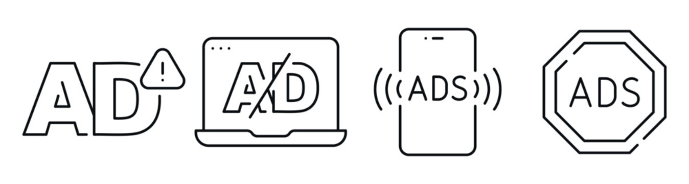 Advertising icons showing blocking and mobile alerts on white. Editable stroke