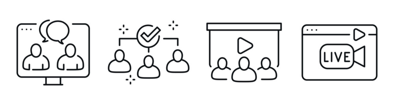 Online meeting and webinar icons representing live presentations. Editable stroke