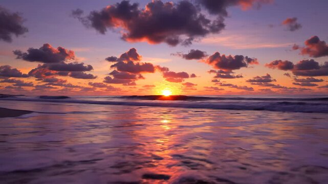Beach sunset with colorful sky and reflection emphasizing natural beauty and pristine environments