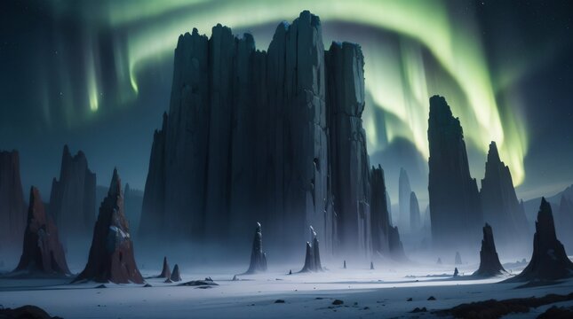 Ethereal aurora borealis glowing over jagged rock formations in a desolate landscape.