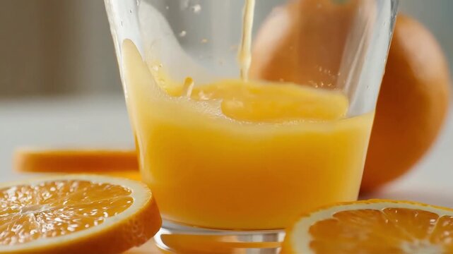 Freshly squeezed orange juice being poured into a glass with sliced oranges on a white surface, a close-up shot