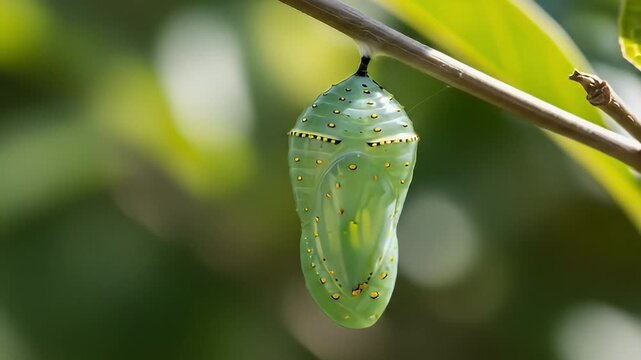 Monarch butterfly chrysalis hangs from a branch, awaiting transformation, against green bokeh