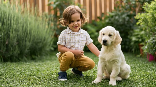 A young boy crouches on grass, smiling and gently petting a golden retriever puppy beside him in a sunny garden.