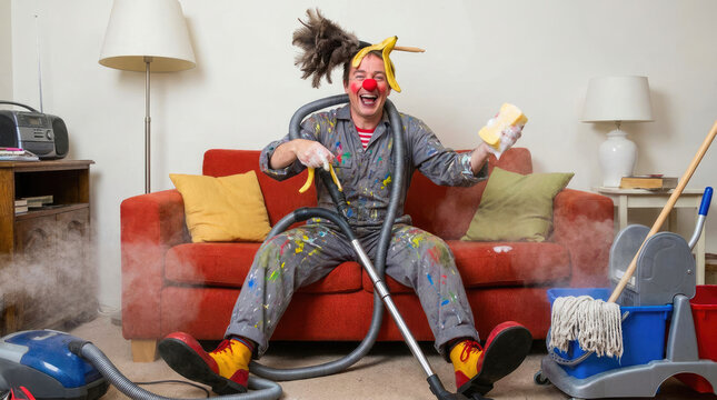 Funny clown cleaning house with vacuum cleaner playful humor and messy home concept