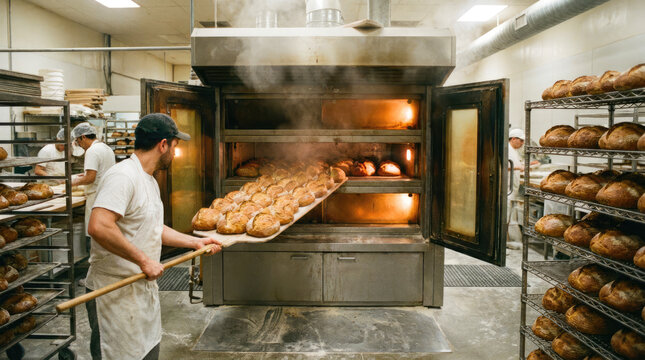 Baker loading fresh artisan bread into industrial oven in bakery