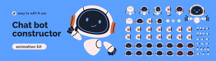 Cute robot elements, parts, animation kit. Android, chat bot character, AI assistant, head and body constructor, set. Happy smiling chatbot, technology mascot construction. Flat vector illustration