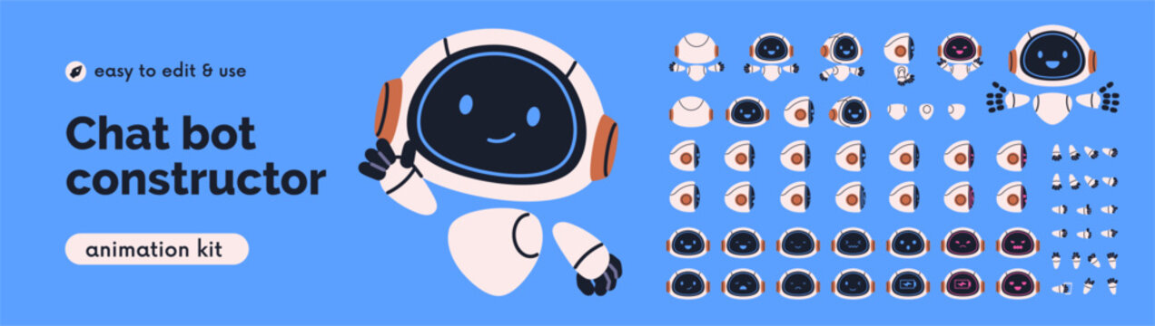 Cute robot elements, parts, animation kit. Android, chat bot character, AI assistant, head and body constructor, set. Happy smiling chatbot, technology mascot construction. Flat vector illustration