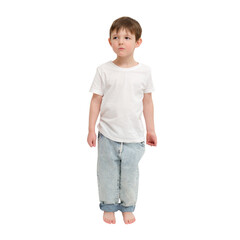 Fototapeta premium Little boy standing and looking away. Child wearing white t-shirt and light blue jeans. Small kid posing isolated transparent background. Expressive portrait for fashion concept. A kid aged 4 years