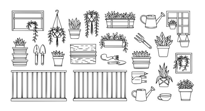 Black and White Balcony Gardening Vector Set Featuring Hanging Plants, Flower Pots, Window Boxes, Watering Cans, and Garden Tools