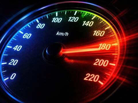 Speedometer gauge showing high speed at hundred eighty kilometers per hour in dark dashboard display.