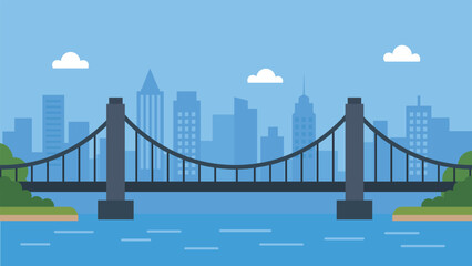Fototapeta premium Modern suspension bridge over river with city skyline background in flat vector style.