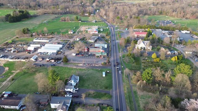 Garden center greenhouses retail structures align with Buckingham Township stretch near York Rd, surrounded by fields scattered homes. Varied roof tones, organized plant rows, seasonal light, PA