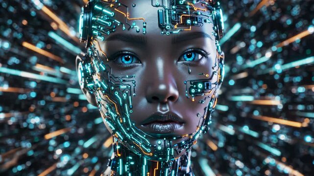 Cybernetic humanoid with glowing circuits for creative digital media and visual arts