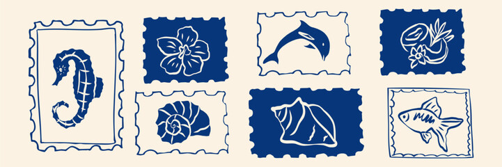 Hand drawn blue summer vacation stamps collection © Maria