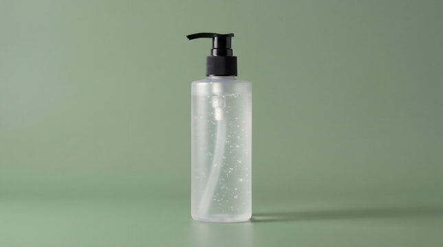 Clear plastic pump bottle filled with transparent antibacterial hand sanitizer gel standing upright against a solid muted green color background