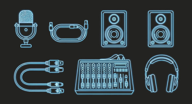 Neon outline audio equipment, sound system, music production, and recording setup