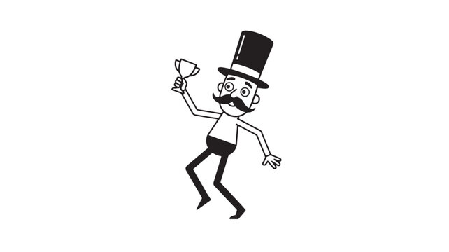 Butler cartoon character with top hat holding a martini glass dancing featuring man, illustration, black and white with silhouette and clip art
