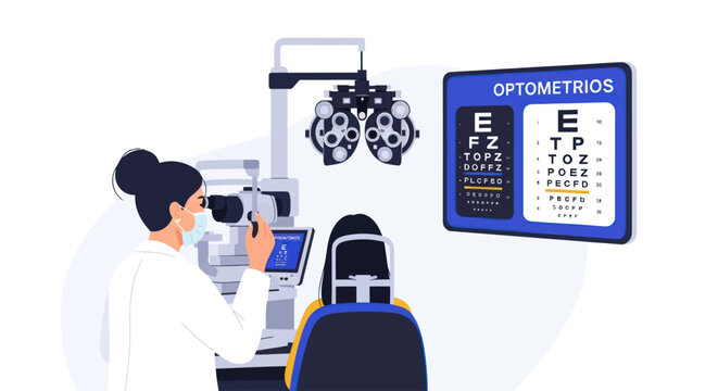 Eye exam illustration of ophthalmologist checking patient vision in optometry clinic