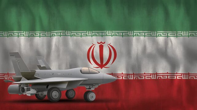 Modern fighter jet in front of Iran national flag with green, white, red bands, emblem, Kufic script, symbolizing defense.