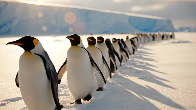 Penguins marching in snow emphasizing natural beauty and pristine environments