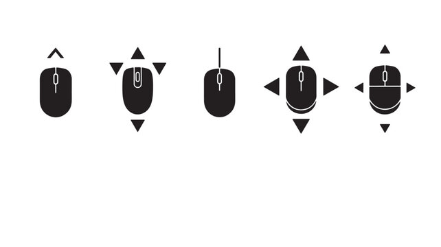 Mouse cursor silhouette icons set with arrows up down left right and center click shapes on white background