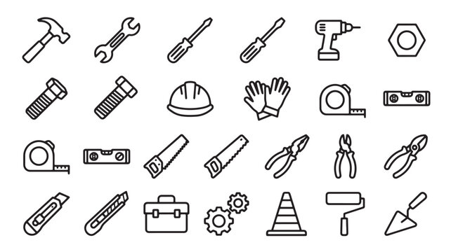 Tools and hardware outline icon set with wrenches, screwdriver, gloves, drill, saw, and construction items